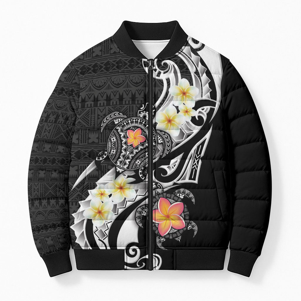 Bula Fiji Tapa Turtle Bomber Puffer Jacket Plumeria Fijian Masi Vonu Black LT14 Unisex Black - Polynesian Pride