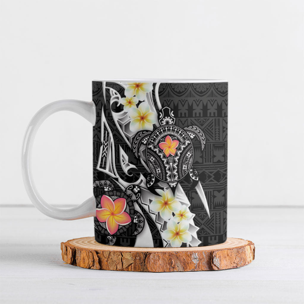 Bula Fiji Tapa Turtle Ceramic Mug Plumeria Fijian Masi Vonu Black