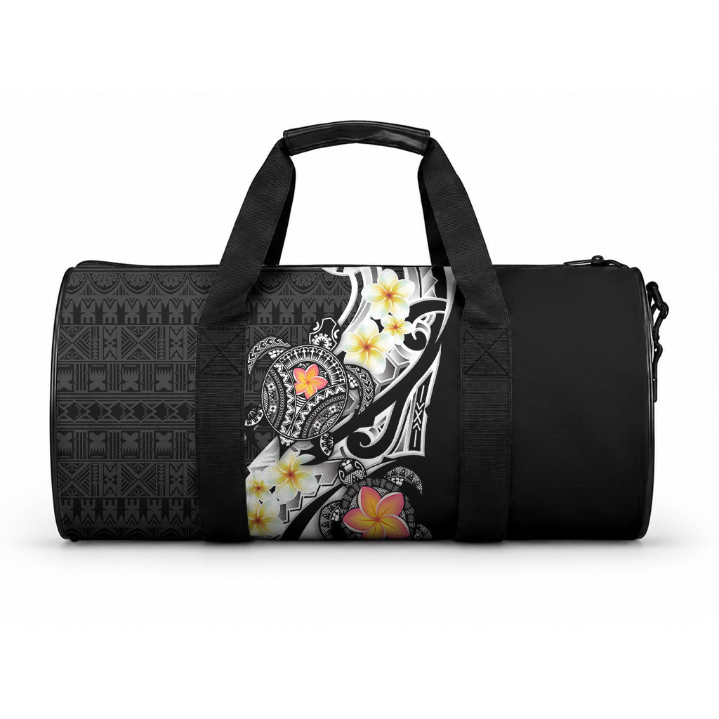 Bula Fiji Tapa Turtle Duffle Bag Plumeria Fijian Masi Vonu Black