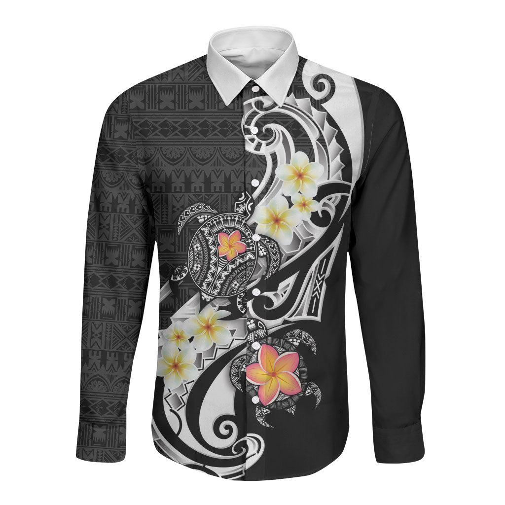 Bula Fiji Tapa Turtle Long Sleeve Button Shirt Plumeria Fijian Masi Vonu Black