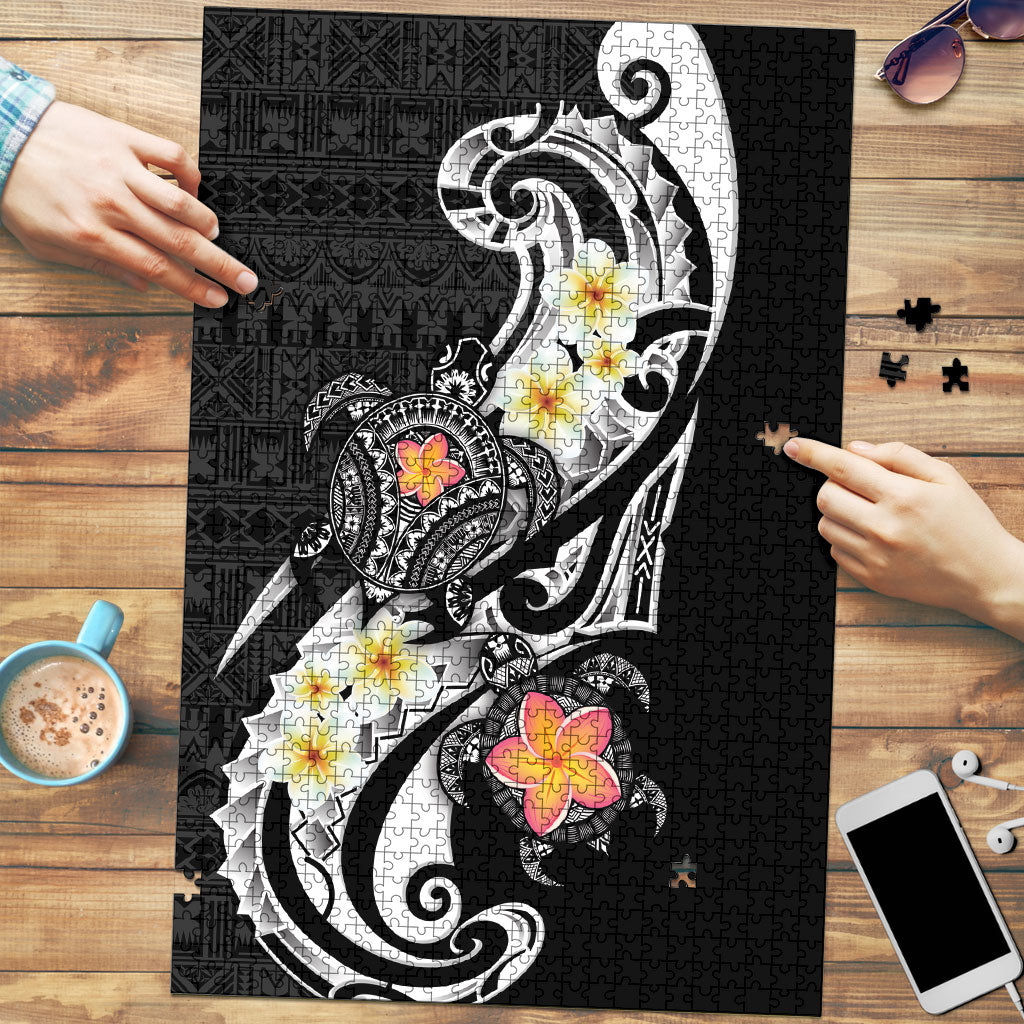 Bula Fiji Tapa Turtle Puzzle Plumeria Fijian Masi Vonu Black LT14 Black - Polynesian Pride