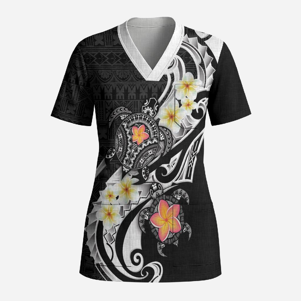 Bula Fiji Tapa Turtle Scrub Top Plumeria Fijian Masi Vonu Black LT14 Adult Black - Polynesian Pride