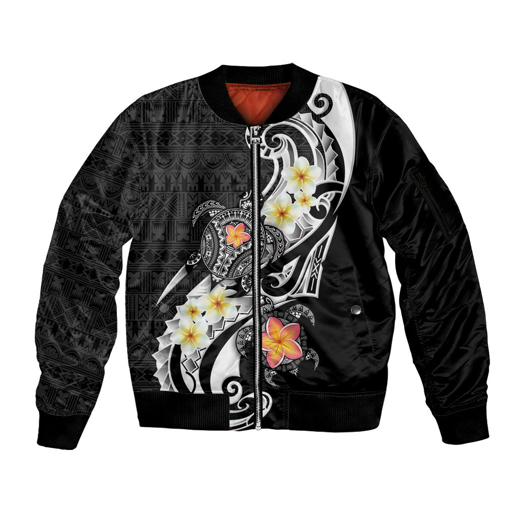 Bula Fiji Tapa Turtle Sleeve Zip Bomber Jacket Plumeria Fijian Masi Vonu Black LT14 Unisex Black - Polynesian Pride