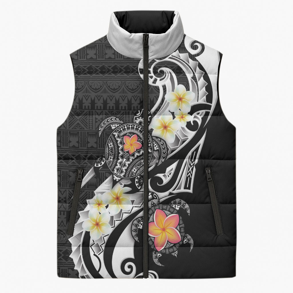 Bula Fiji Tapa Turtle Sleeveless Puffer Jacket Plumeria Fijian Masi Vonu Black LT14 Unisex Black - Polynesian Pride