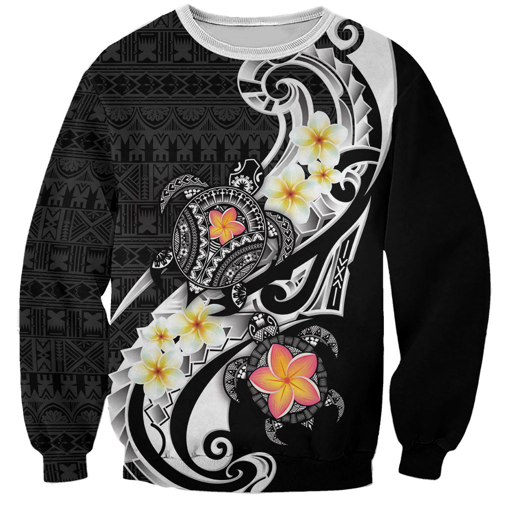 Bula Fiji Tapa Turtle Sweatshirt Plumeria Fijian Masi Vonu Black