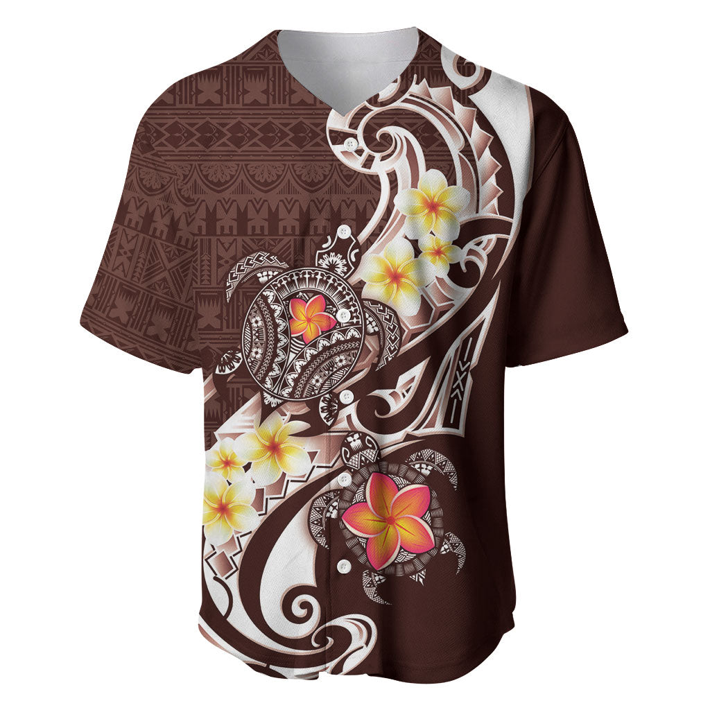 Bula Fiji Tapa Turtle Baseball Jersey Plumeria Fijian Masi Vonu Brown LT14 Brown - Polynesian Pride