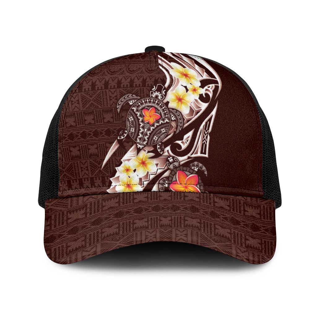 Bula Fiji Tapa Turtle Baseball Net Cap Plumeria Fijian Masi Vonu Brown LT14 One Size Black Brown - Polynesian Pride