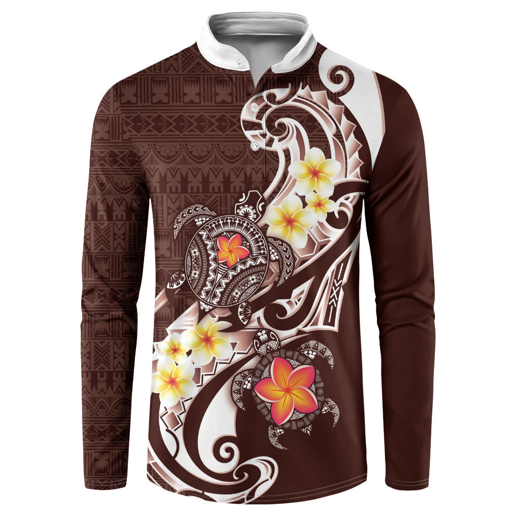 Bula Fiji Tapa Turtle Button Sweatshirt Plumeria Fijian Masi Vonu Brown