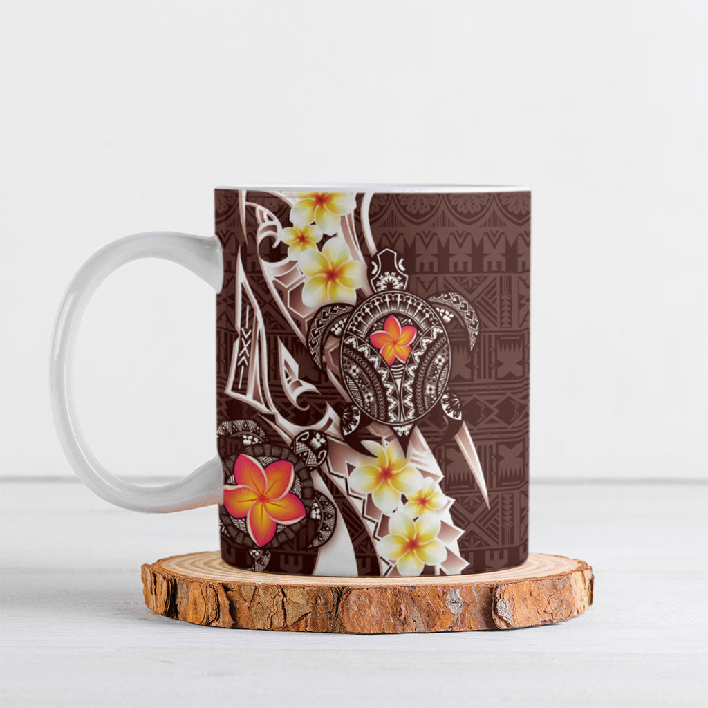 Bula Fiji Tapa Turtle Ceramic Mug Plumeria Fijian Masi Vonu Brown