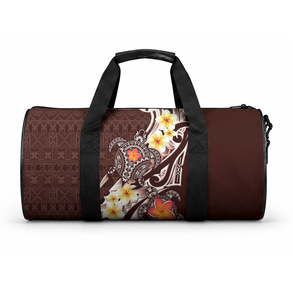 Bula Fiji Tapa Turtle Duffle Bag Plumeria Fijian Masi Vonu Brown