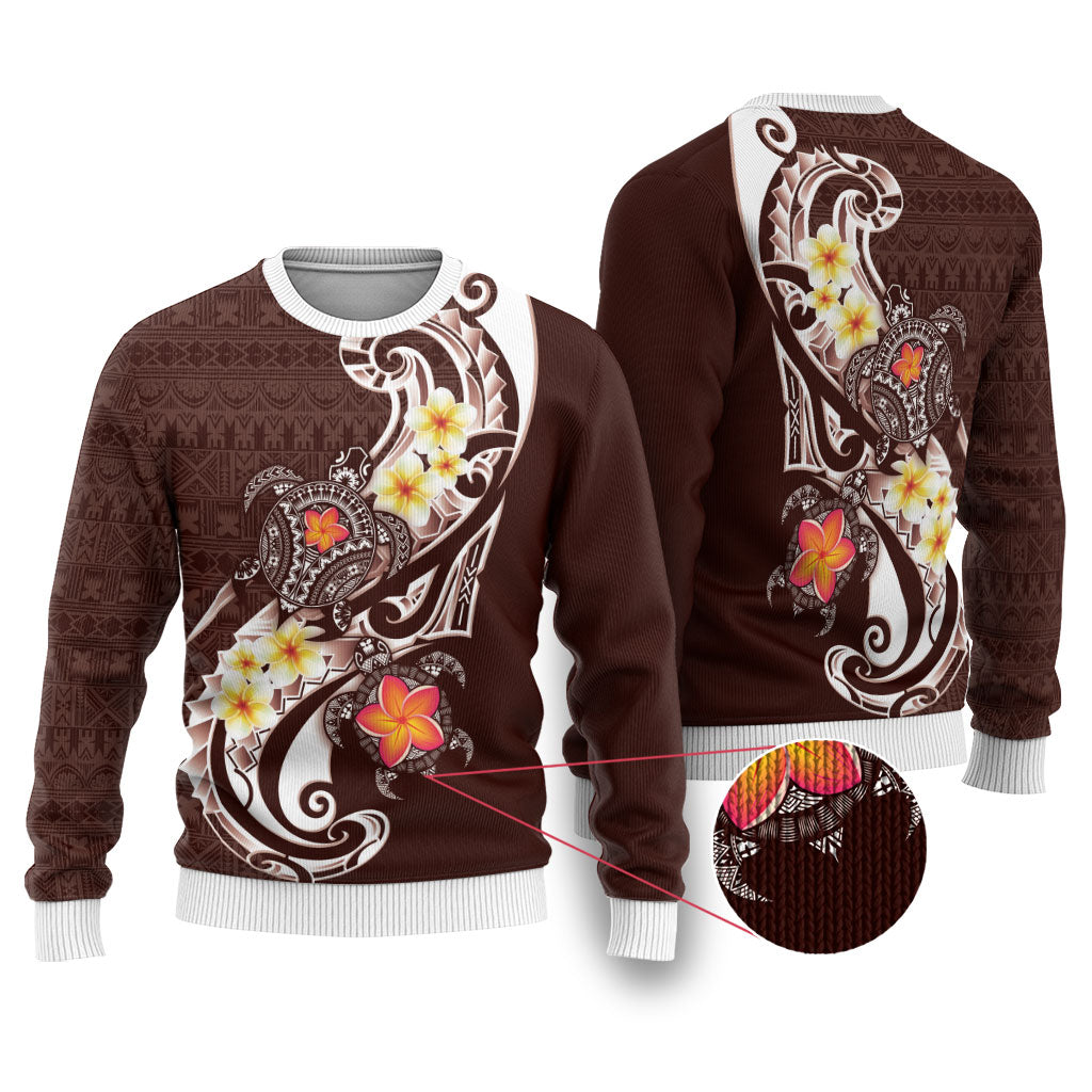 Bula Fiji Tapa Turtle Ugly Christmas Sweater Plumeria Fijian Masi Vonu Brown LT14 Brown - Polynesian Pride