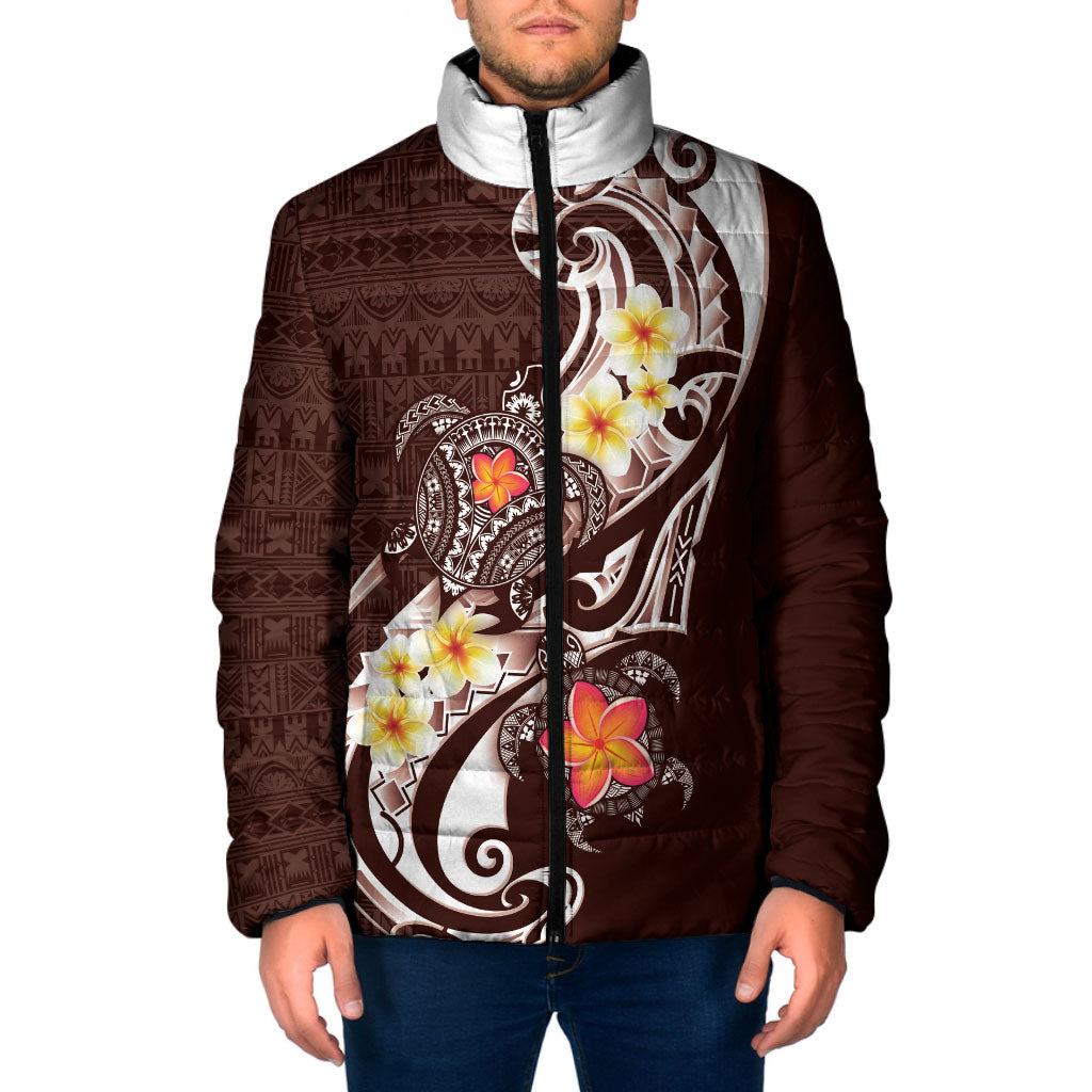 Bula Fiji Tapa Turtle Padded Jacket Plumeria Fijian Masi Vonu Brown