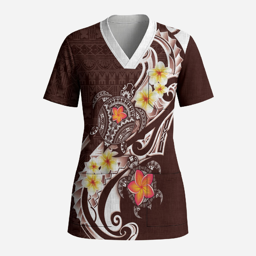 Bula Fiji Tapa Turtle Scrub Top Plumeria Fijian Masi Vonu Brown LT14 Adult Brown - Polynesian Pride