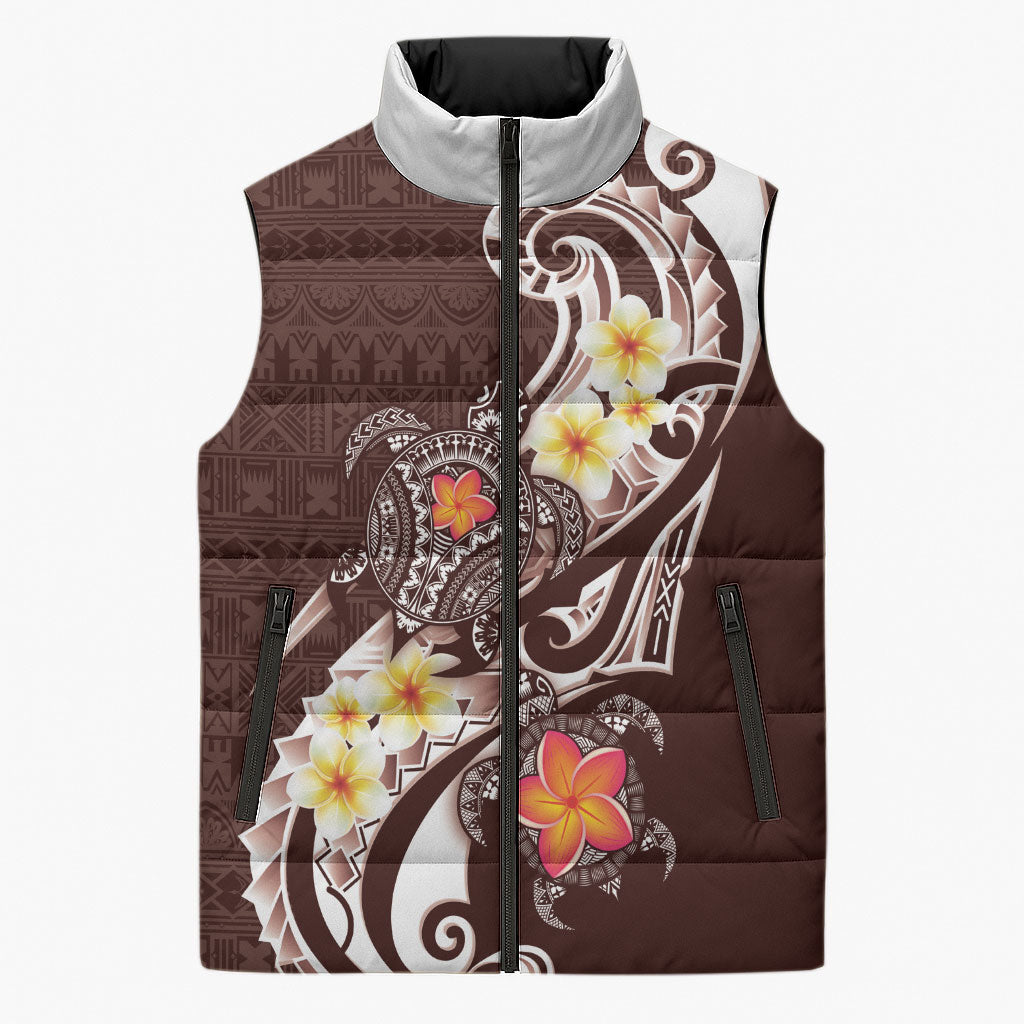 Bula Fiji Tapa Turtle Sleeveless Puffer Jacket Plumeria Fijian Masi Vonu Brown LT14 Unisex Brown - Polynesian Pride