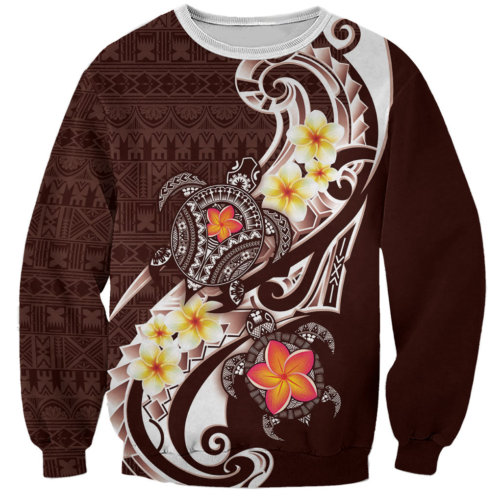 Bula Fiji Tapa Turtle Sweatshirt Plumeria Fijian Masi Vonu Brown