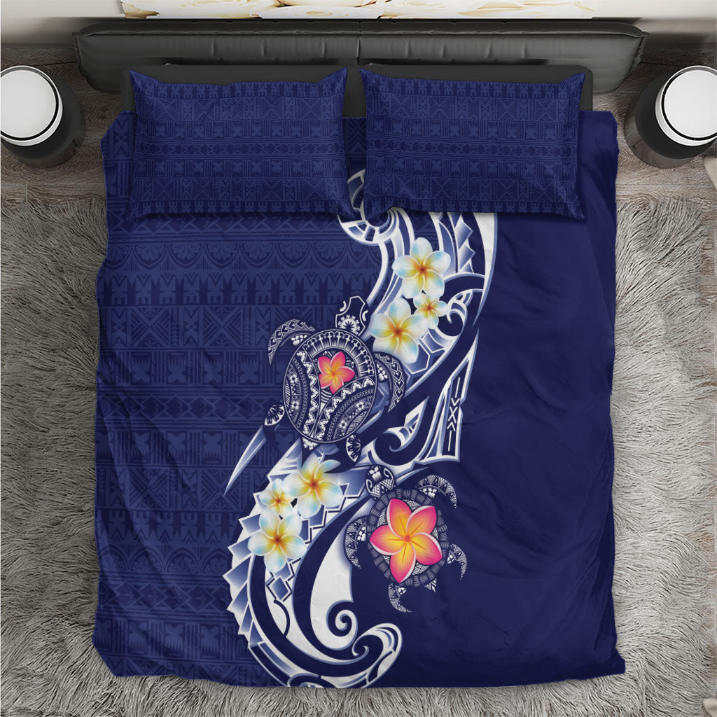 Bula Fiji Tapa Turtle Bedding Set Plumeria Fijian Masi Vonu Midnight Blue