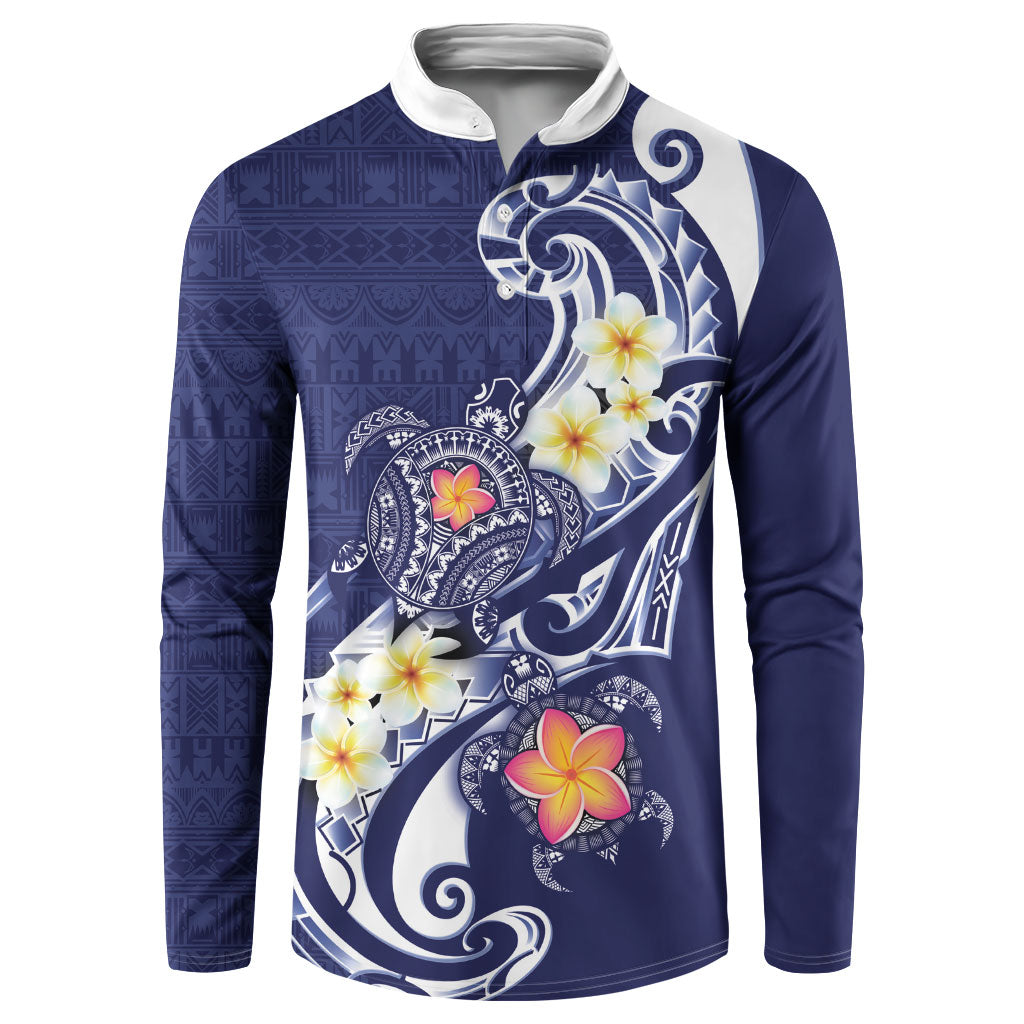Bula Fiji Tapa Turtle Button Sweatshirt Plumeria Fijian Masi Vonu Midnight Blue