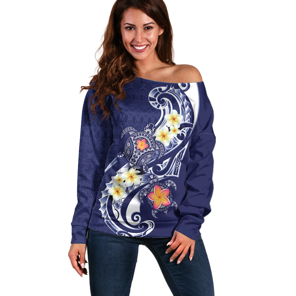 Bula Fiji Tapa Turtle Off Shoulder Sweater Plumeria Fijian Masi Vonu Midnight Blue