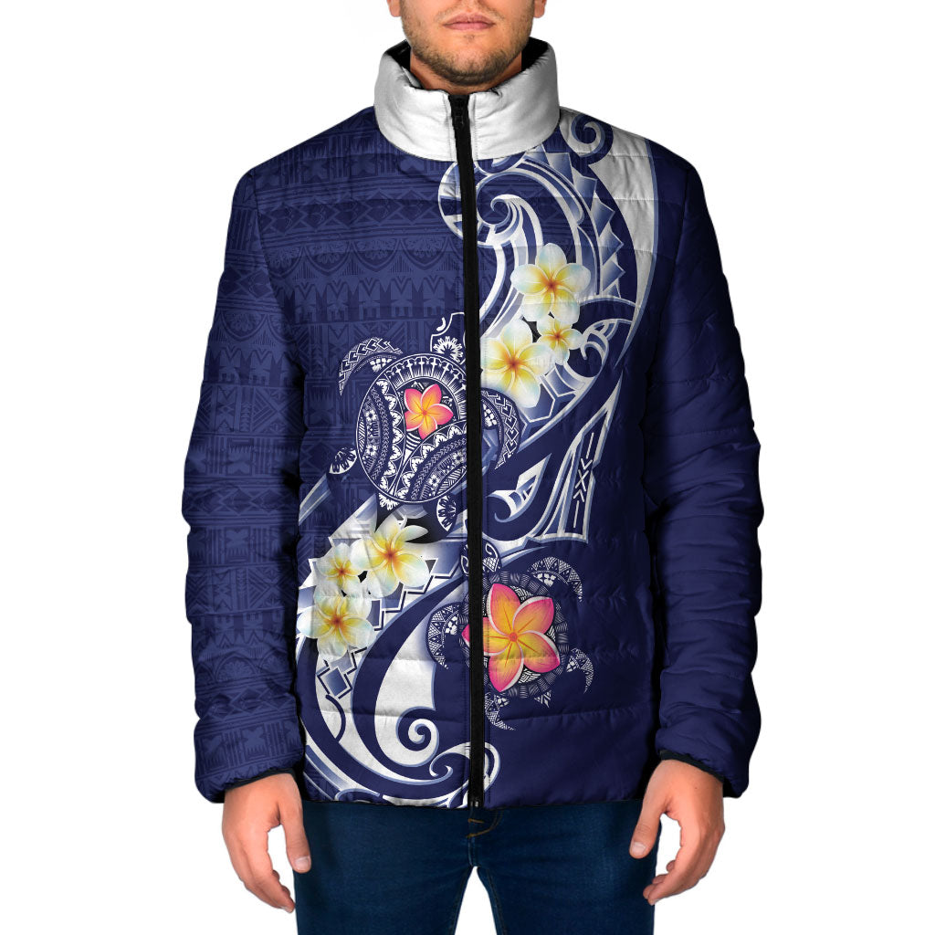 Bula Fiji Tapa Turtle Padded Jacket Plumeria Fijian Masi Vonu Midnight Blue
