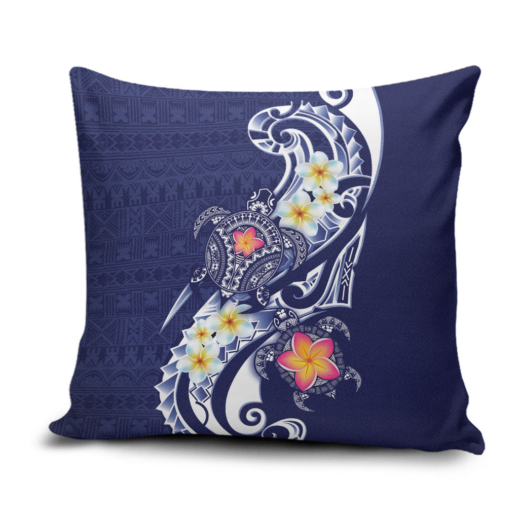 Bula Fiji Tapa Turtle Pillow Cover Plumeria Fijian Masi Vonu Midnight Blue