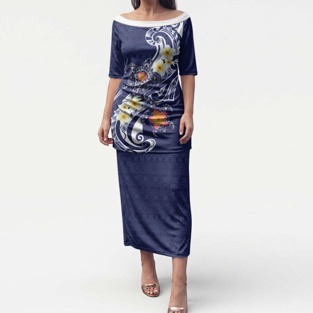 Bula Fiji Tapa Turtle Puletasi Plumeria Fijian Masi Vonu Midnight Blue LT14 Long Dress Midnight Blue - Polynesian Pride