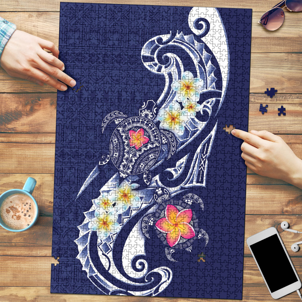 Bula Fiji Tapa Turtle Puzzle Plumeria Fijian Masi Vonu Midnight Blue LT14 Midnight Blue - Polynesian Pride