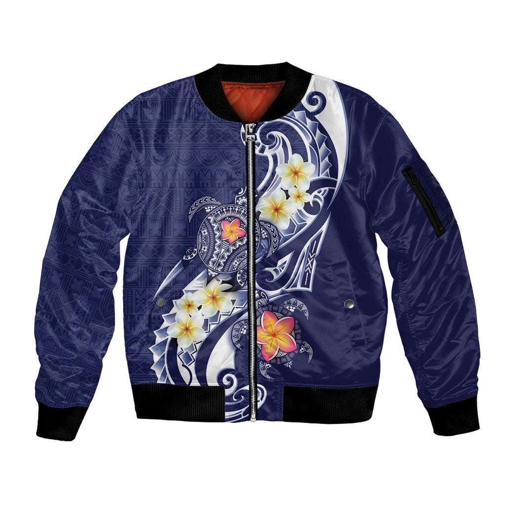 Bula Fiji Tapa Turtle Sleeve Zip Bomber Jacket Plumeria Fijian Masi Vonu Midnight Blue LT14 Unisex Midnight Blue - Polynesian Pride