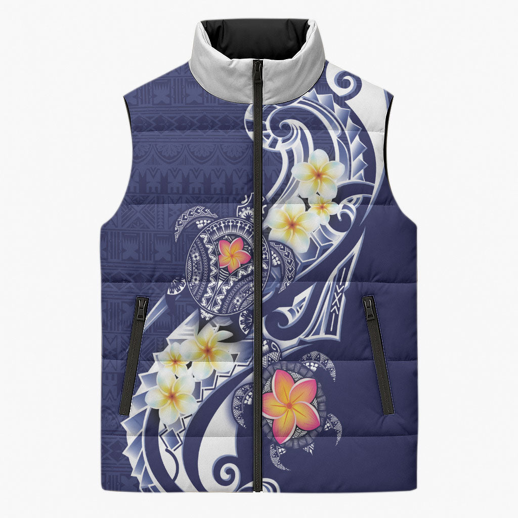 Bula Fiji Tapa Turtle Sleeveless Puffer Jacket Plumeria Fijian Masi Vonu Midnight Blue LT14 Unisex Midnight Blue - Polynesian Pride