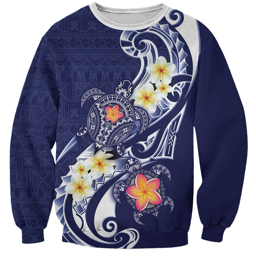 Bula Fiji Tapa Turtle Sweatshirt Plumeria Fijian Masi Vonu Midnight Blue