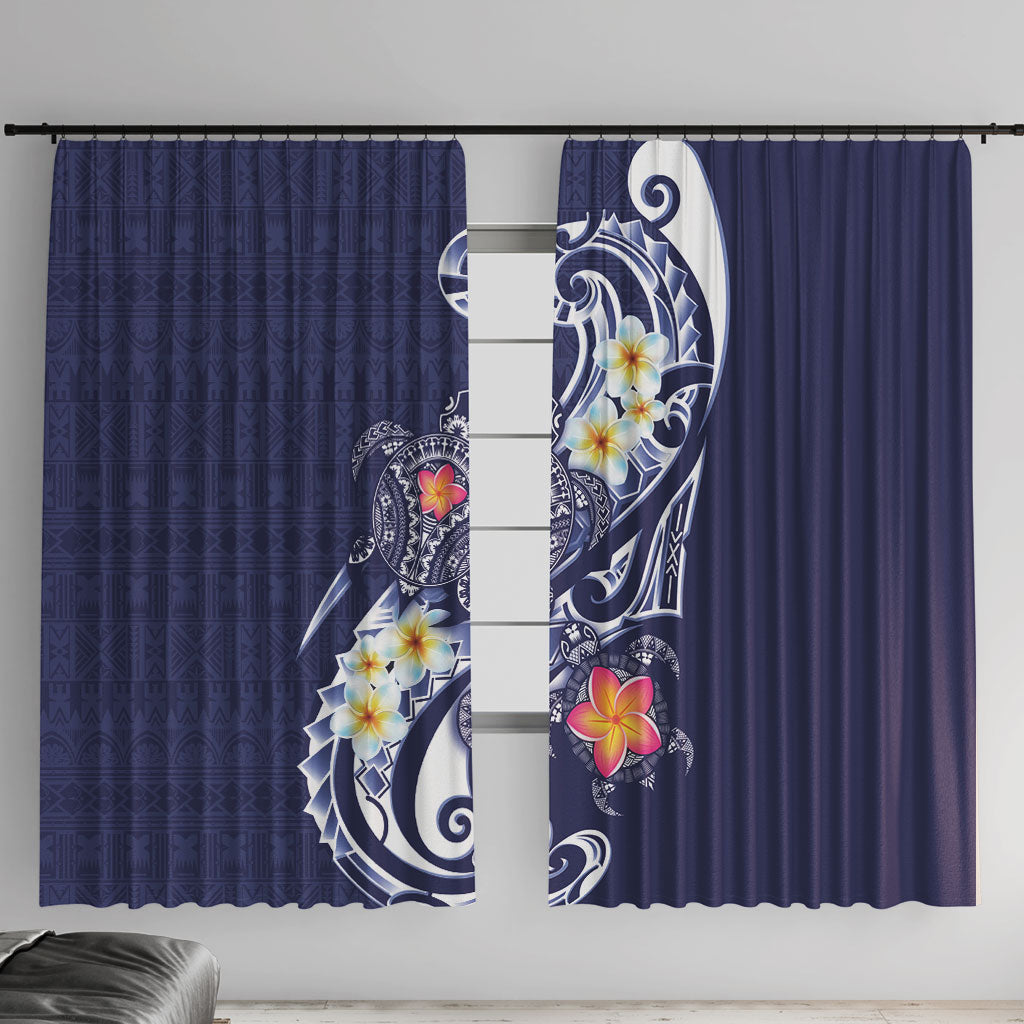 Bula Fiji Tapa Turtle Window Curtain Plumeria Fijian Masi Vonu Midnight Blue LT14 With Hooks Midnight Blue - Polynesian Pride