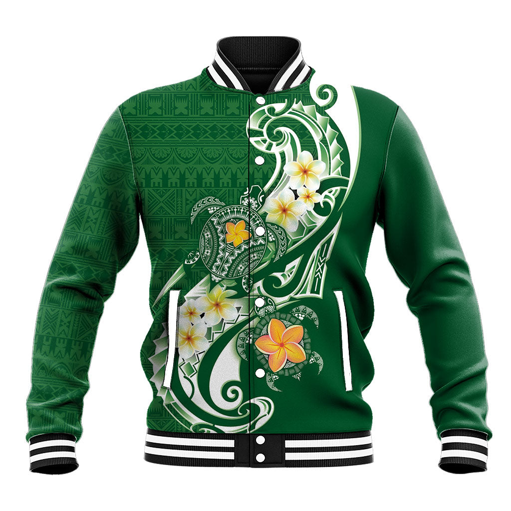 Bula Fiji Tapa Turtle Baseball Jacket Plumeria Fijian Masi Vonu Green