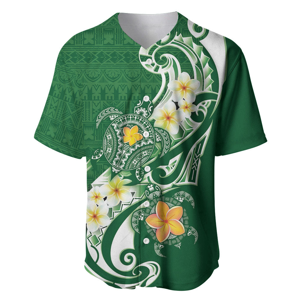 Bula Fiji Tapa Turtle Baseball Jersey Plumeria Fijian Masi Vonu Green LT14 Green - Polynesian Pride