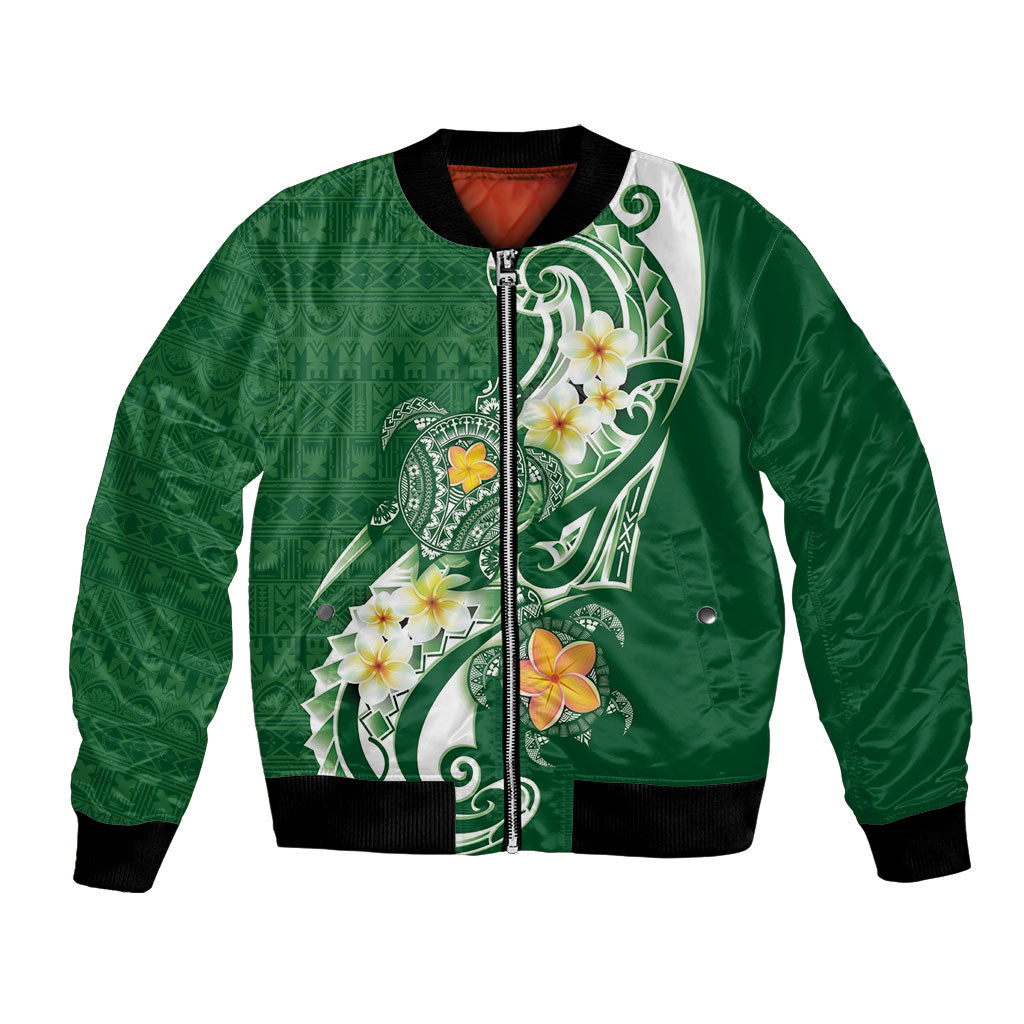 Bula Fiji Tapa Turtle Bomber Jacket Plumeria Fijian Masi Vonu Green LT14 Unisex Green - Polynesian Pride