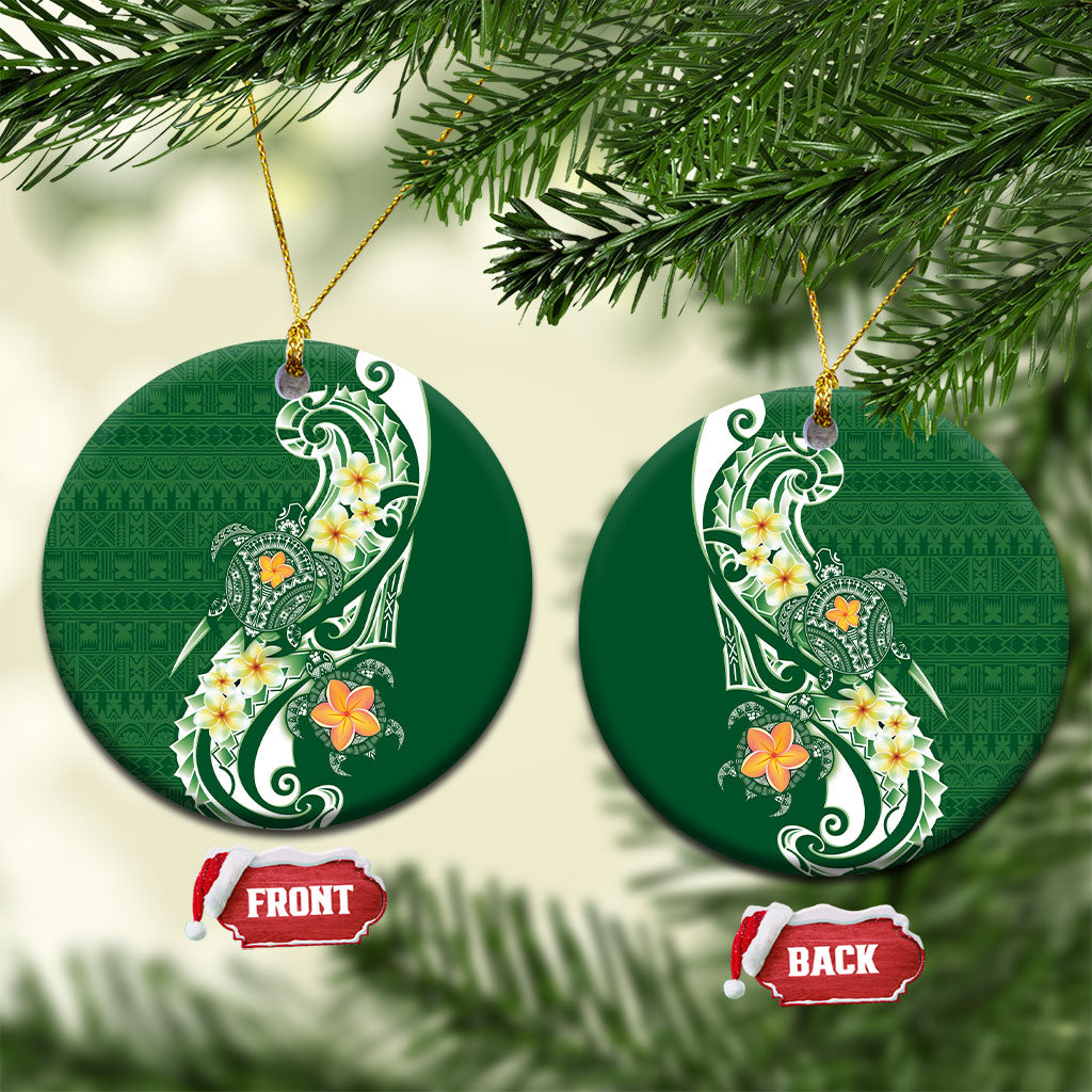 Bula Fiji Tapa Turtle Ceramic Ornament Plumeria Fijian Masi Vonu Green LT14 Circle Green - Polynesian Pride