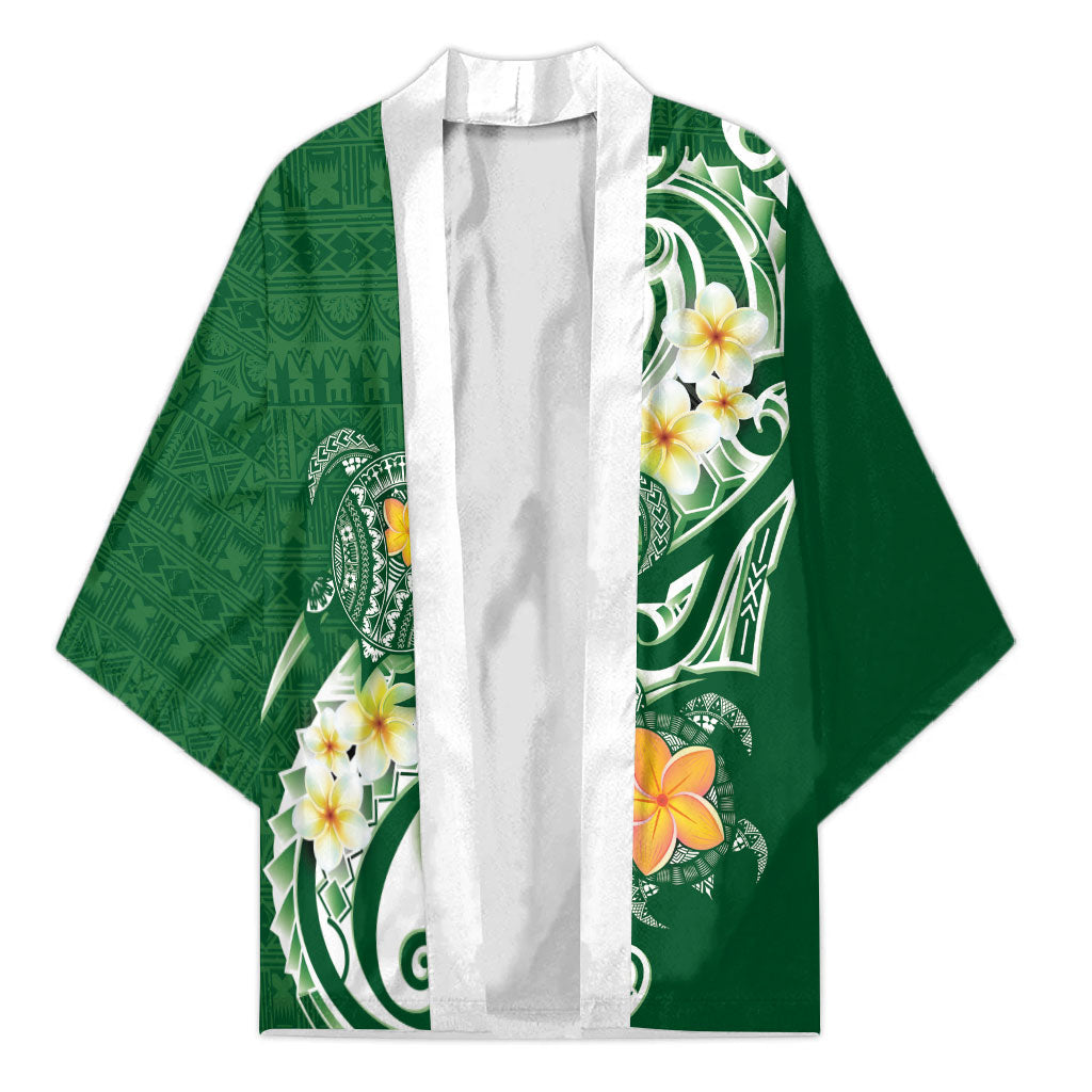 Bula Fiji Tapa Turtle Kimono Plumeria Fijian Masi Vonu Green LT14 Unisex Green - Polynesian Pride