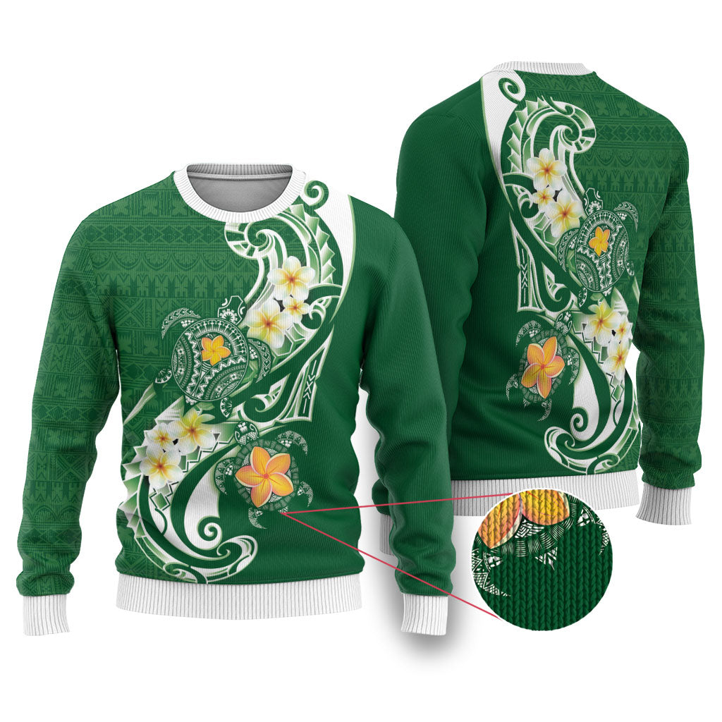 Bula Fiji Tapa Turtle Ugly Christmas Sweater Plumeria Fijian Masi Vonu Green LT14 Green - Polynesian Pride