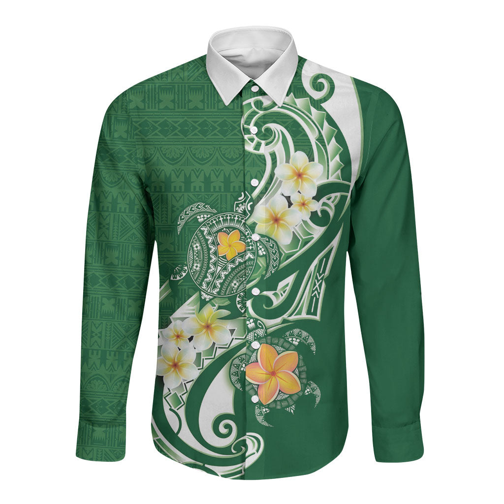 Bula Fiji Tapa Turtle Long Sleeve Button Shirt Plumeria Fijian Masi Vonu Green