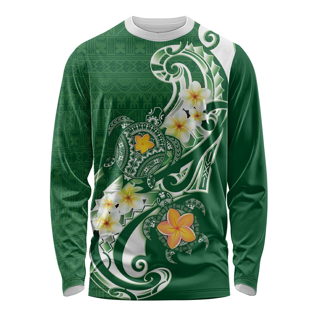 Bula Fiji Tapa Turtle Long Sleeve Shirt Plumeria Fijian Masi Vonu Green