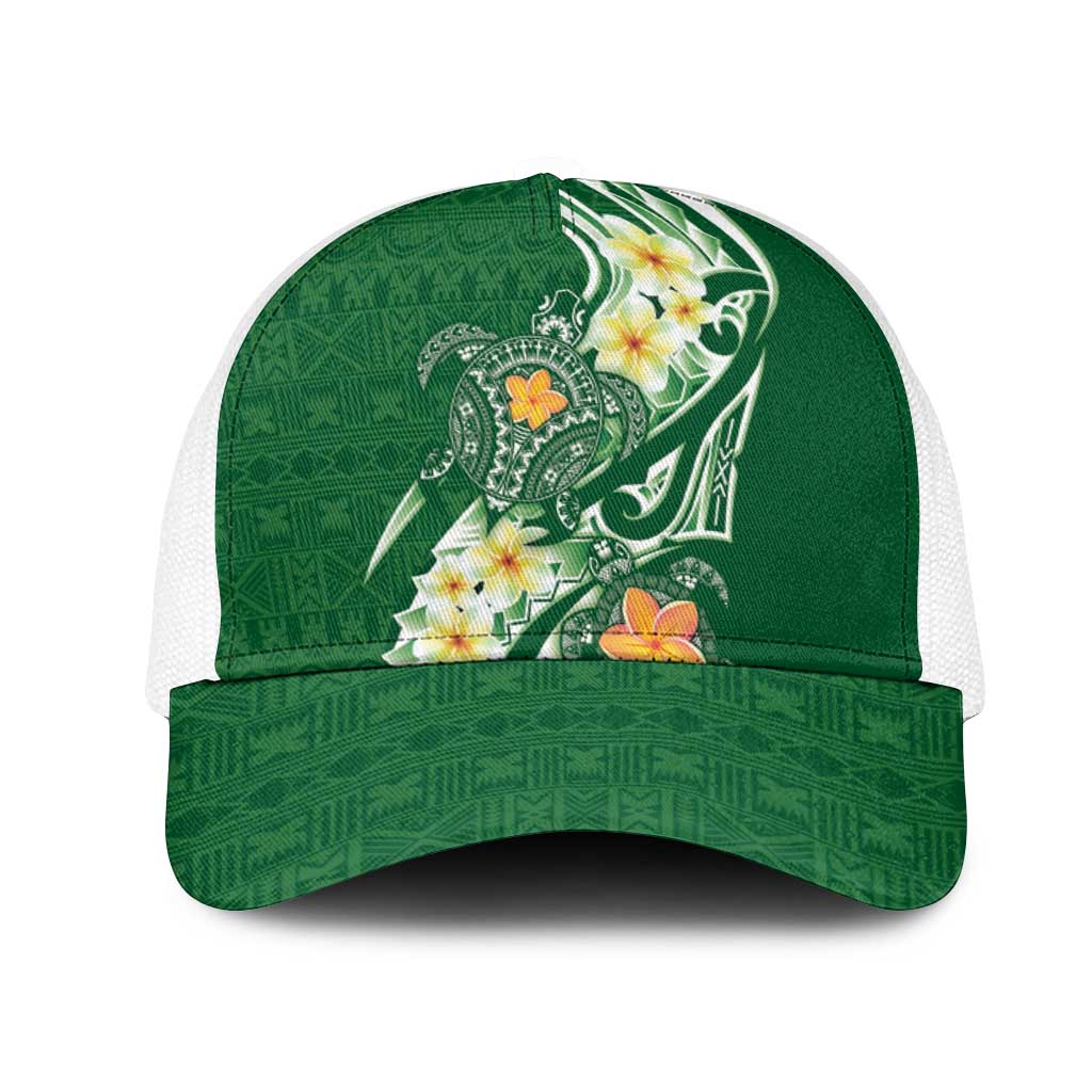 Bula Fiji Tapa Turtle Mesh Trucker Cap Plumeria Fijian Masi Vonu Green LT14 One Size White Green - Polynesian Pride