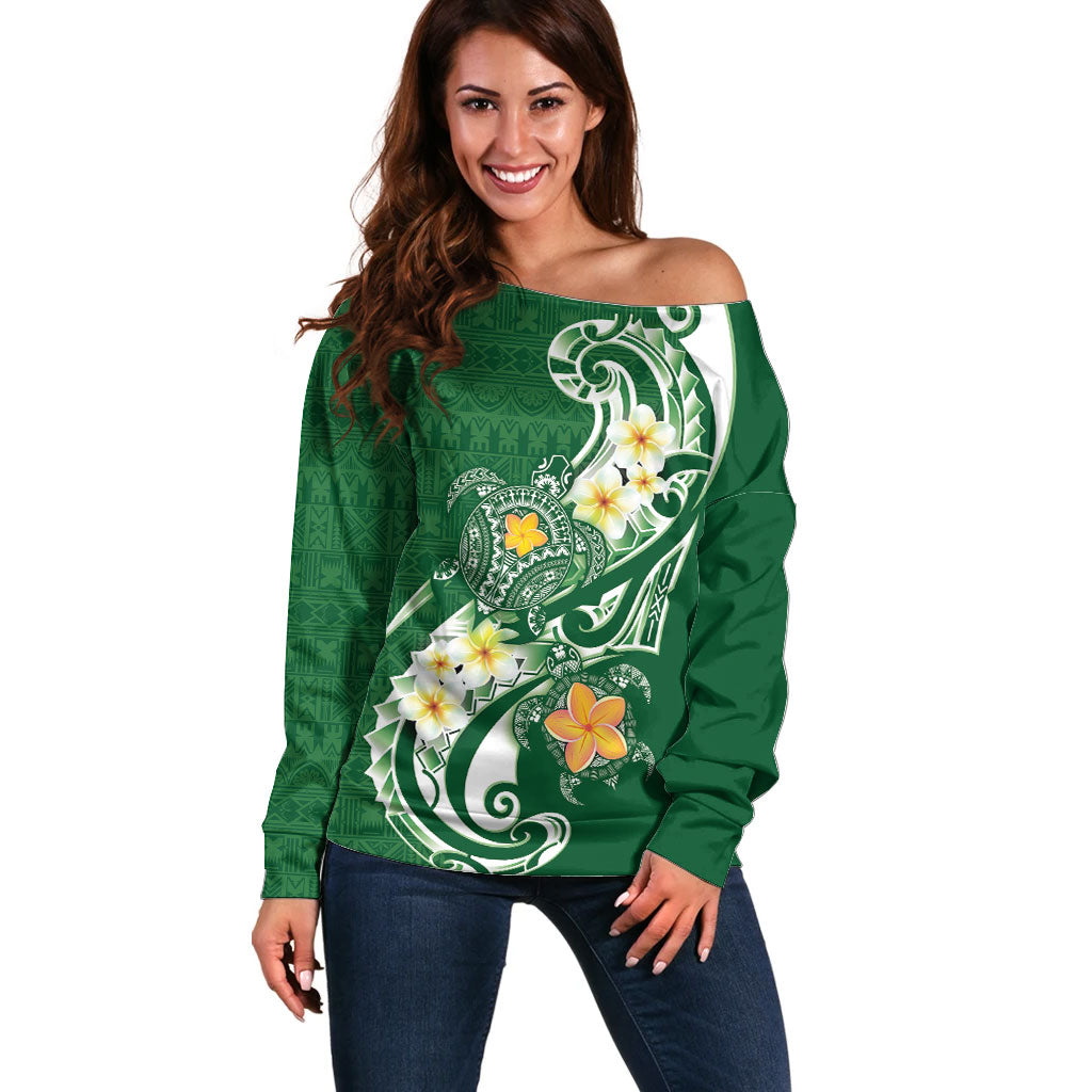 Bula Fiji Tapa Turtle Off Shoulder Sweater Plumeria Fijian Masi Vonu Green