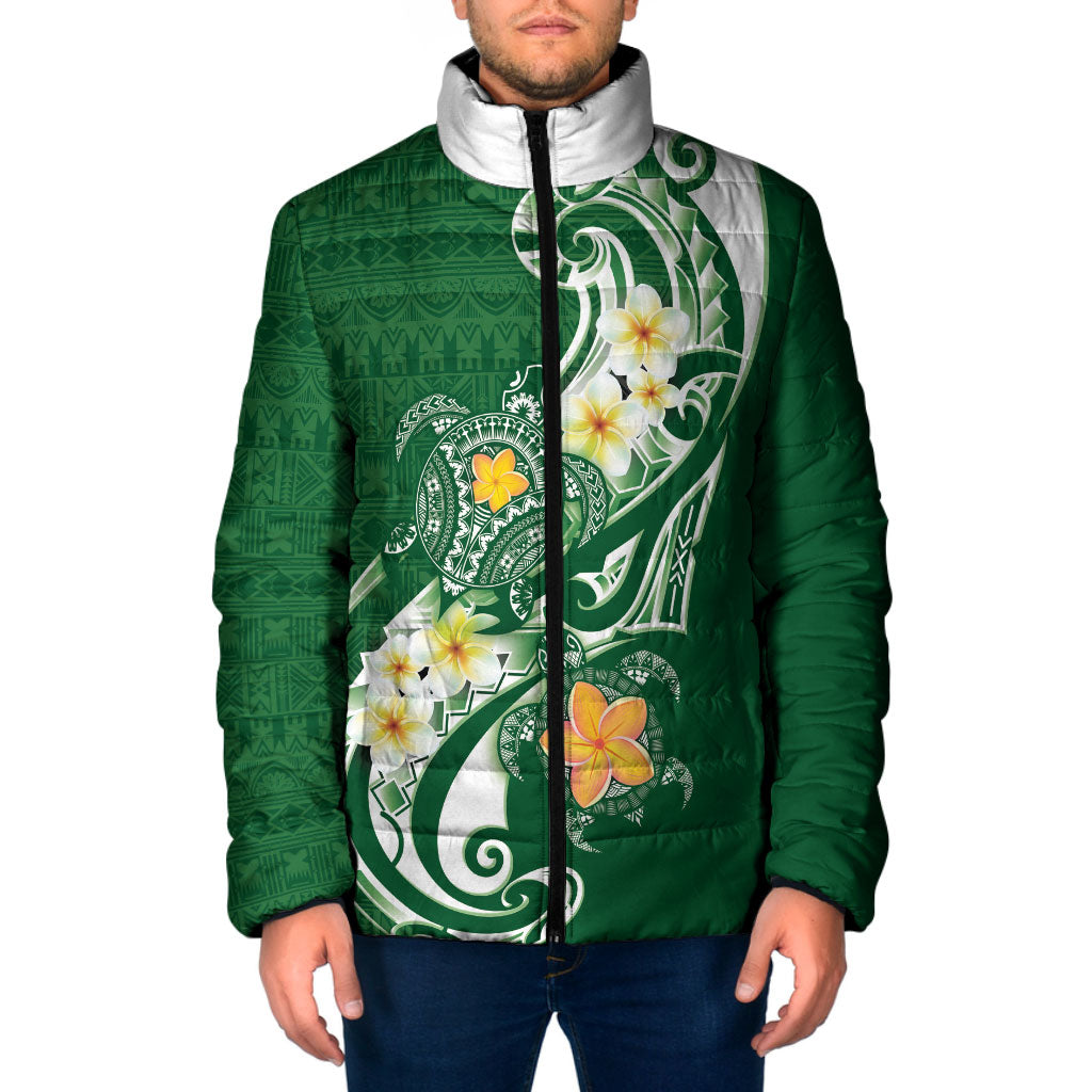 Bula Fiji Tapa Turtle Padded Jacket Plumeria Fijian Masi Vonu Green