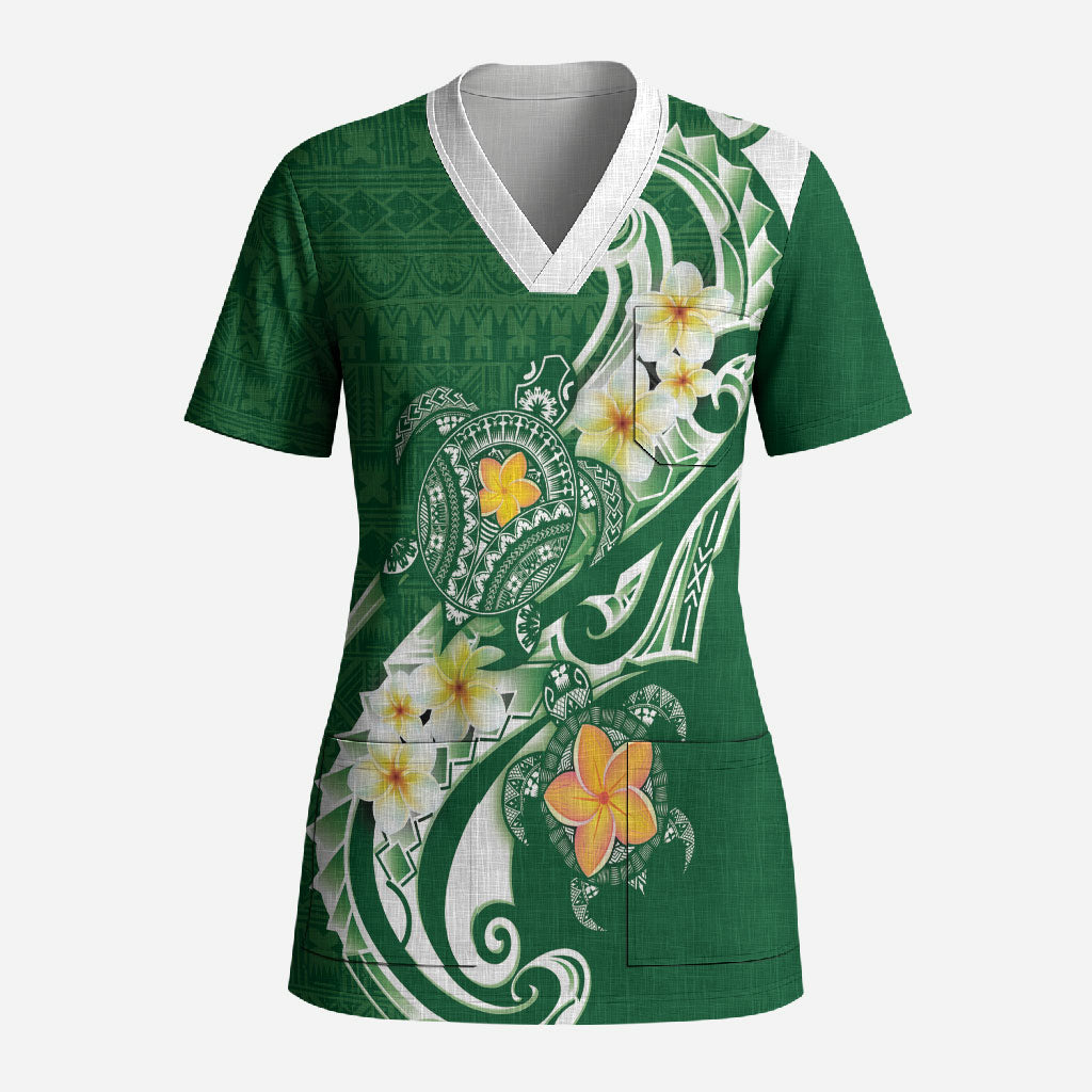 Bula Fiji Tapa Turtle Scrub Top Plumeria Fijian Masi Vonu Green LT14 Adult Green - Polynesian Pride