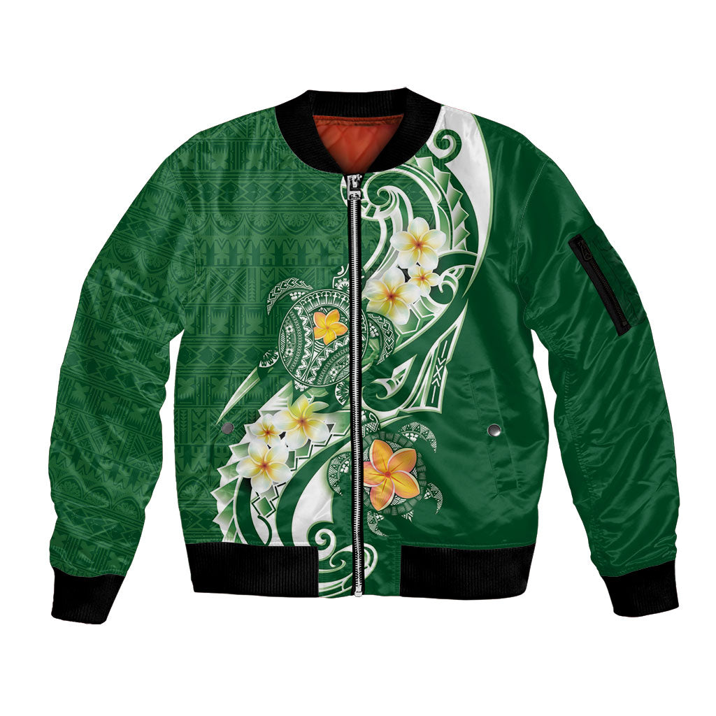 Bula Fiji Tapa Turtle Sleeve Zip Bomber Jacket Plumeria Fijian Masi Vonu Green LT14 Unisex Green - Polynesian Pride