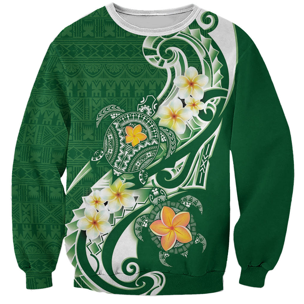 Bula Fiji Tapa Turtle Sweatshirt Plumeria Fijian Masi Vonu Green
