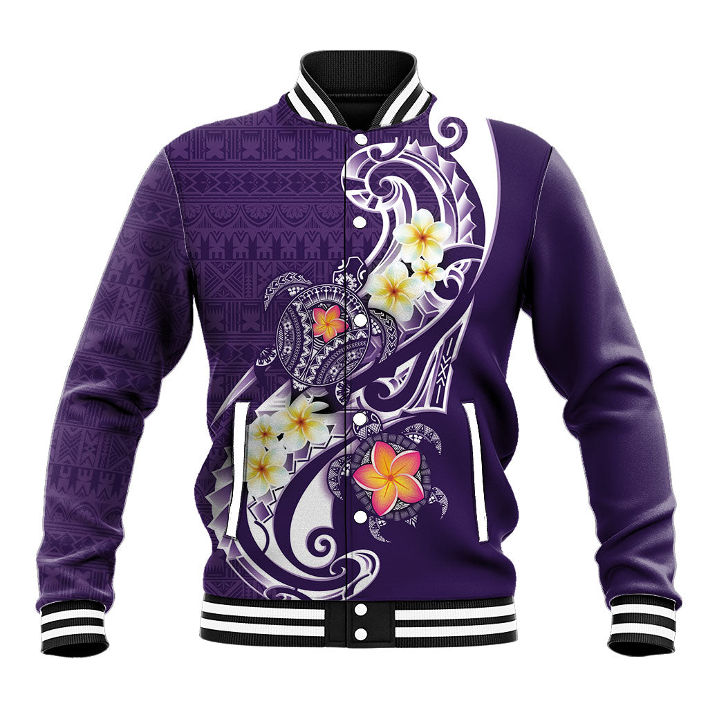 Bula Fiji Tapa Turtle Baseball Jacket Plumeria Fijian Masi Vonu Purple