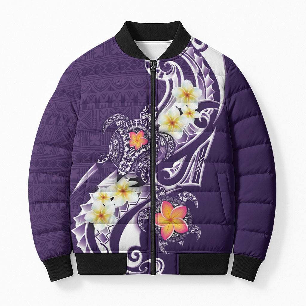 Bula Fiji Tapa Turtle Bomber Puffer Jacket Plumeria Fijian Masi Vonu Purple LT14 Unisex Purple - Polynesian Pride