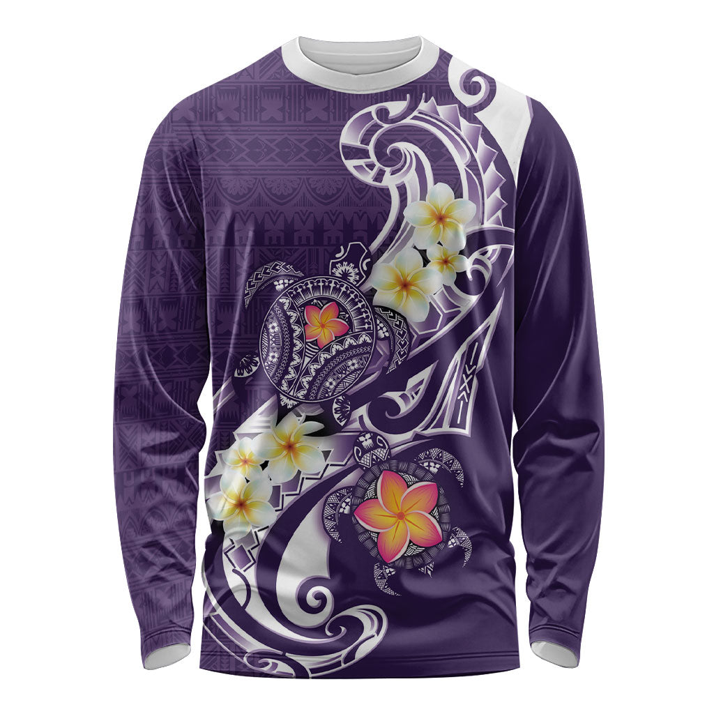 Bula Fiji Tapa Turtle Long Sleeve Shirt Plumeria Fijian Masi Vonu Purple
