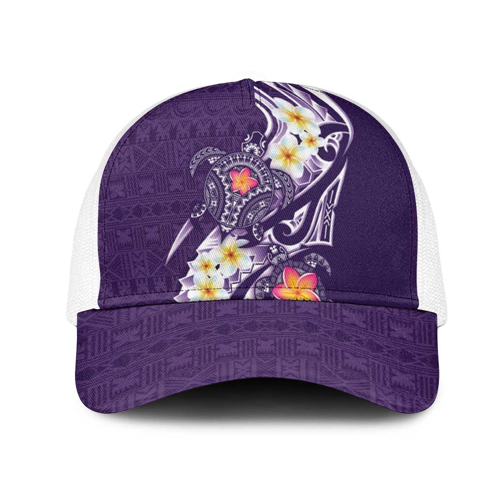 Bula Fiji Tapa Turtle Mesh Trucker Cap Plumeria Fijian Masi Vonu Purple LT14 One Size White Purple - Polynesian Pride