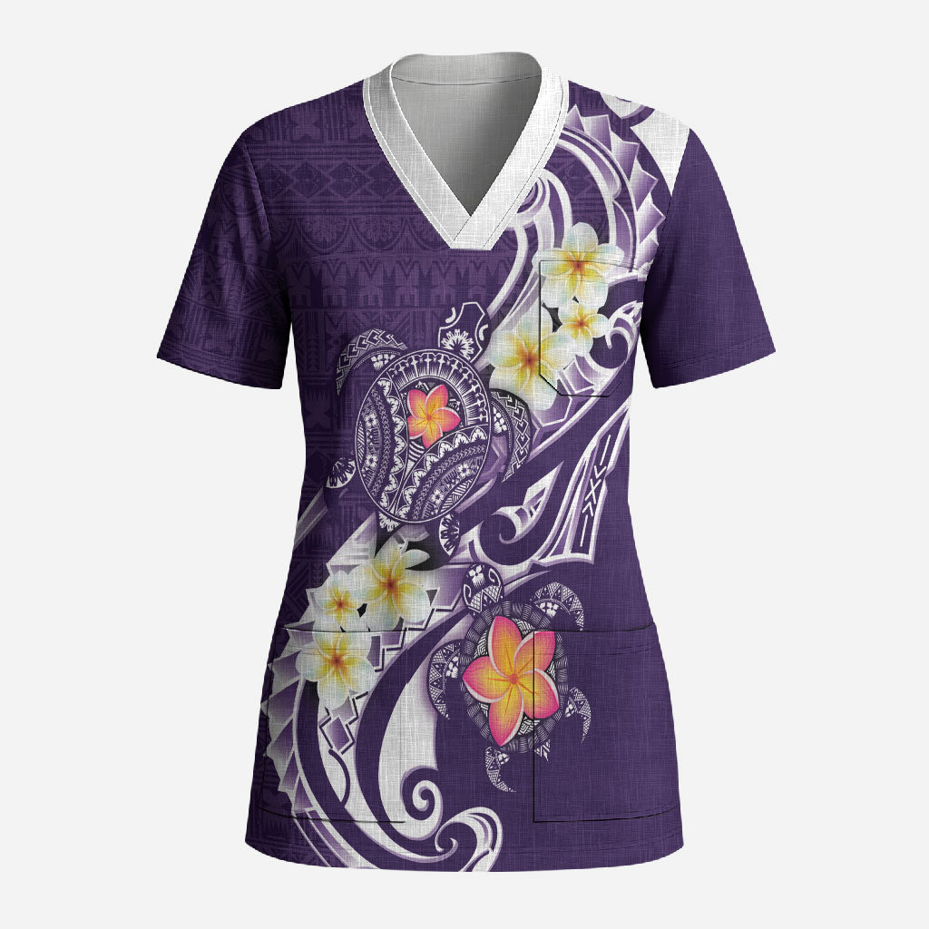 Bula Fiji Tapa Turtle Scrub Top Plumeria Fijian Masi Vonu Purple LT14 Adult Purple - Polynesian Pride