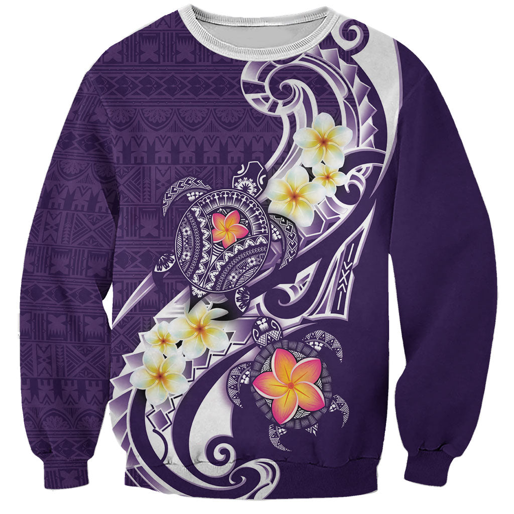 Bula Fiji Tapa Turtle Sweatshirt Plumeria Fijian Masi Vonu Purple